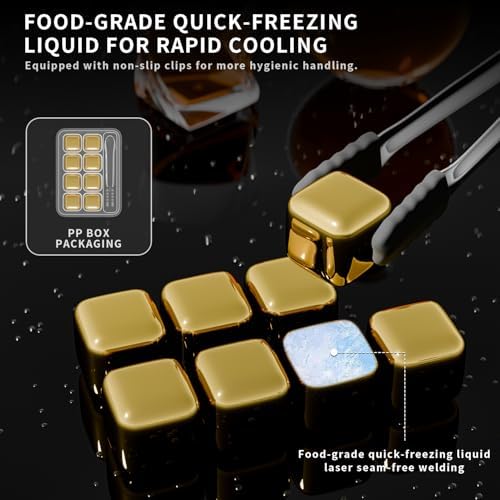 ShanSon Wine Chillers Metal Ice Cube 8 PCS Stainless Steel Whiskey Stones Reusable Whiskey Rocks Beverage Chilling Stones for Scotch and Bourbon Drinking Gifts Set for Men Dad Husband,Gold