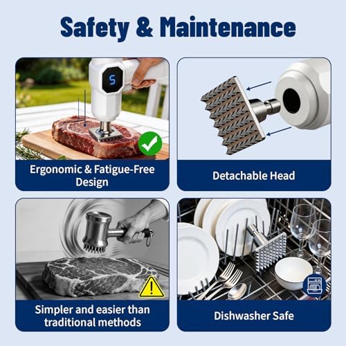 Electric Meat Tenderizer Tool, Meat Tenderizer Machine with 4 Speeds, Square Stainless Steel Head for Beef Steak Chicken Pork Kitchen Use (White)
