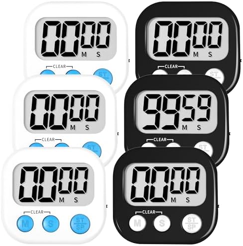 ZILLEEN Digital Kitchen Timers for Cooking Kids Black White 6 Pack
