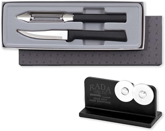 Rada Cutlery Pare & Peel Gift Set (G246) with Quick Edge Sharpener (R119), 2-Piece Knife Set and Knife Sharpener, Stainless Steel Blades, Black Handle