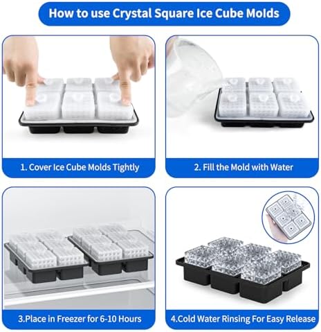 6 Chamber 1.97” 3D Crystal Square Ice Cube Tray With Funnel,Large Square Ice Molds Silicone Fun Shapes Whiskey Ice Cube Tray,For Chilling Whiskey,Cocktails,Bourbon,Brandy and Beverages