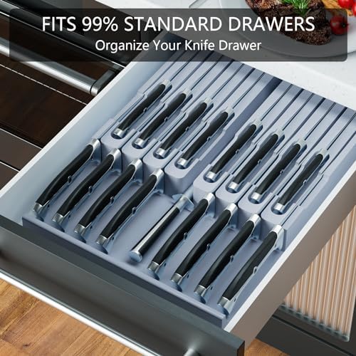 Domax Knife Drawer Organizer Insert Bamboo for 16 Knives, Gray