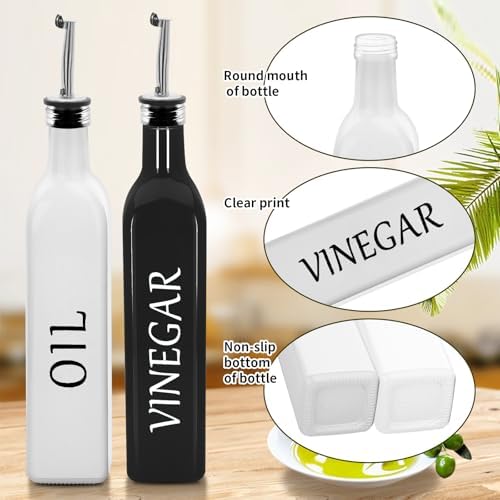 White & Black Olive Oil Dispenser Bottle,2 Pcs 17oz 500ml Glass Oil and Vinegar Dispenser Set with 2 Stainless Steel Pourers, 8 Labels,Funnel Oil Bottles for Kitchen