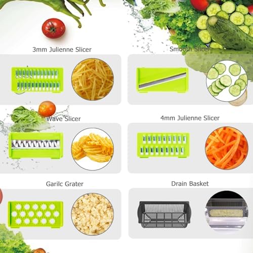 Vegetable Chopper, Onion Chopper, 10 in 1 Multifunctional Chopper With 8 Blades Veggie Chopper and Slicer, Dicing Machine, Carrot Chopper for Salad Potato Carrot Garlic（Gray-Green）, WG01-KLBK