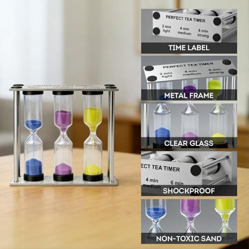Lily's Home 3.5" Tall 3-in-1 Perfect Tea Timer, Includes 2, 4, and 6 Minute Sand Hourglass Timers, Use for Making Tea or Keeping Time Around The Kitchen, Brushed Stainless Steel Frame, Rectangular