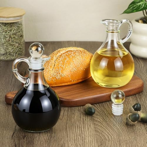 QWORK Glass Oil and Vinegar Cruets Set of 2, 8oz Clear Glass Olive Oil Dispenser Bottles with Airtight Stoppers, Round Salad Dressing Containers