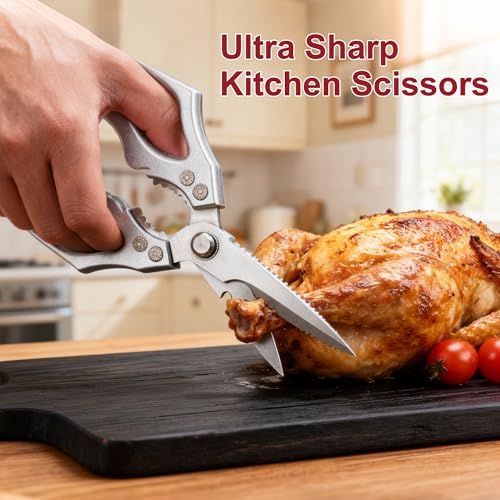 Heavy Duty Kitchen Scissors, Premium Stainless Steel Poultry Shears with Fish Scaler, Bottle Opener & Nutcracker, Multipurpose Straight Blade Food Shears for Chicken, Meat, Fish, Herbs