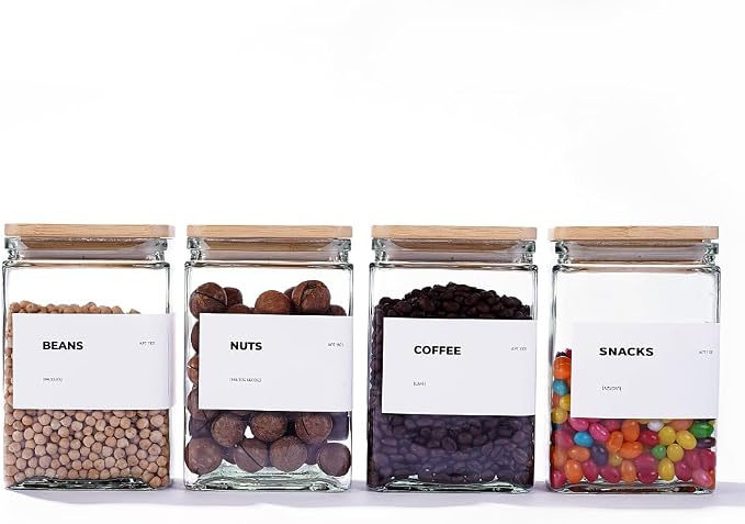 Glass Storage Jars with Bamboo Lid, glass canisters with airtight lids, Clear jars with lids for Spice, Cookie, Candy, Tea, Coffee Bean and Rice (White, 26 oz, Set of 6)