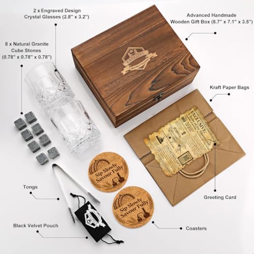 Whiskey Stones Gift for Men, Whiskey Glasses Set of 2 with Premium Wood Box