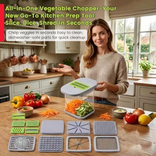 Vegetable Cutter,Food Chopper Manual Hand,for Potato Cutter & Fry Slicer - Functions as Potato Dicer,Onion Dicer,Veggie Shredder with 9 Blades,Easy to Clean, Dishwasher Safe-Essential Kitchen Gadgets