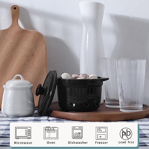 Garlic Keeper with Lid, Ceramic Garlic Saver Container for Countertop, Kitchen Decor (Black)