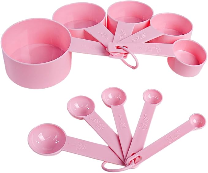 Inmorven 10pcs Measuring Cups and Spoons Set, BPA-Free Plastic Kitchen Baking Tools with Engraved Markings, Stackable Design for Dry & Liquid Ingredients (Pink)