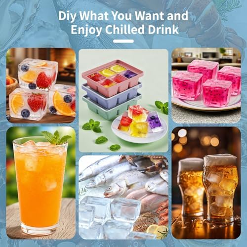 Large Silicone Ice Cube Tray Set of 3, Easy Release 6 Flexible Silicone Ice Cube Molds with Removable Lid, Reusable Freezer Stackable Ice Trays for Whiskey, No Floater, BPA Free