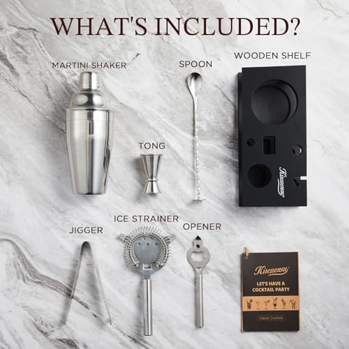 KITESSENSU Cocktail Shaker Set Bartender Kit, 6-Piece Silver Bar Set with Stand, Bar kit with Essential Bar Accessory Tools: Martini Shaker, Jigger, Strainer, Bar Spoon, Tongs, Opener