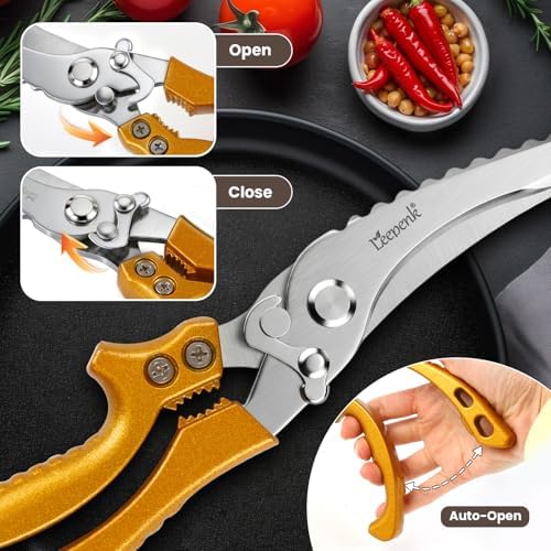 LEEPENK Kitchen Scissors All Purpose 2 Packs,Stainless Steel Kitchen Shear Dishwasher Safe,Heavy Duty Poultry Shears with Non-Slip Handle & Safety Lock,Cooking Scissor for Food