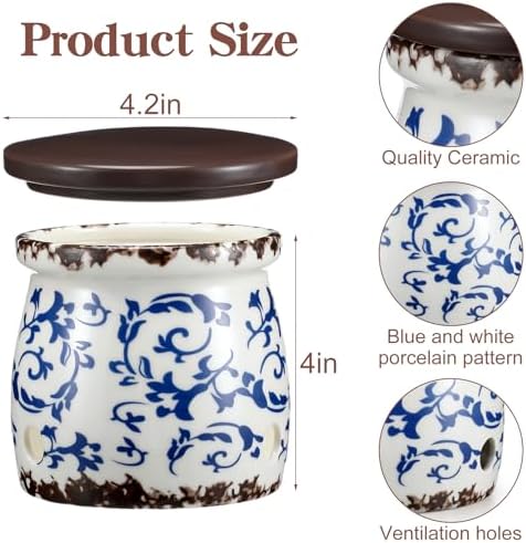 Honeydak Blue and White Porcelain Garlic Keeper with Lid 4.2" x 4" Ceramic Garlic Container for Counter Storage Countertop Holder Breathable Design for Chili Ginger Modern Farmhouse Home Kitchen Decor