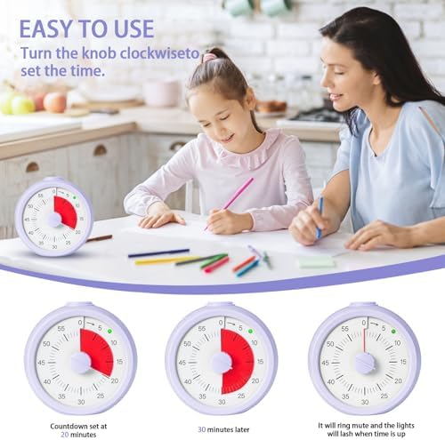 Visual Timer for Kids 60 Minute Countdown Timer for Classroom Study Office Kitchen with Silent Operation RoundTimer (Purple)