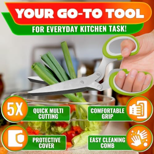 Herb Scissors with 5 Blades and Cover, Cleaning Brush, Even Cuts