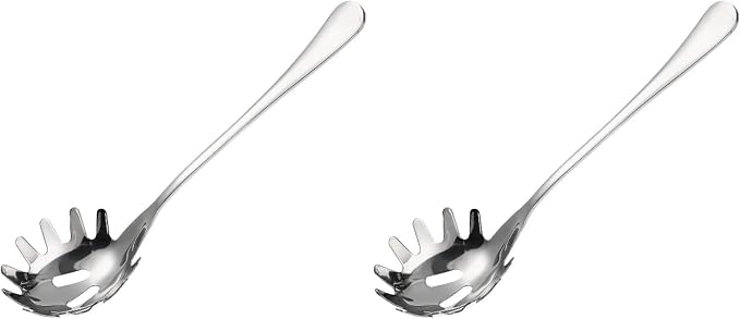 DOITOOL 2 Pcs Stainless Steel Spaghetti Spoon Server with Draining Holes and Teeth 9.44 Inch Pasta Fork for Easy Noodle Serving Comfortable Handle for Home Restaurant Use