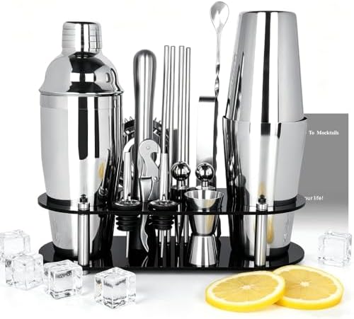 17Pcs Cocktail Shaker Set 750ml, 750/600ml Bartending Kit 25oz, 25/20oz Bar Shakers Tools Bartender Kit with Recipe Book Black Stand