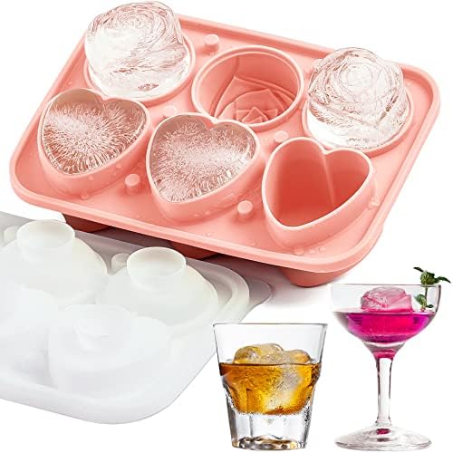 3 Rose & 3 Heart Shaped Ice Cube Tray, MEETRUE Silicone Ice Cube Tray with Clear Funnel-type Lid Novelty Rose Ice Cube Mold Ice Ball Maker Mold Ice Tray for Cocktails Whiskey Chilled Drinks,Pink