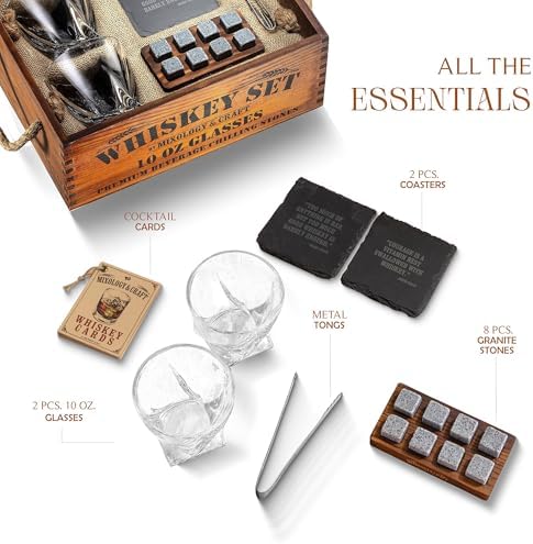 Mixology & Craft Premium Whiskey Set | Two 10oz Cystal Old-Fashioned Glasses, 8 Granite Chilling Stones, Metal Tongs, Recipe Cards in Rustic Wooden Crate Gift Set | Jameson Whiskey