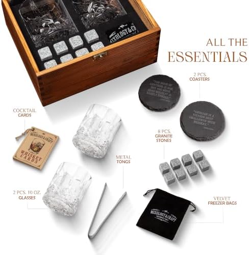 Mixology & Craft Whiskey Stones Gift Set: with Two 10oz Lead-Free Crystal Whiskey Glasses, 8 Whiskey Stones with Velvet Bag, 2 Slate Coasters & Recipe Cards in Wooden Crate | Great
