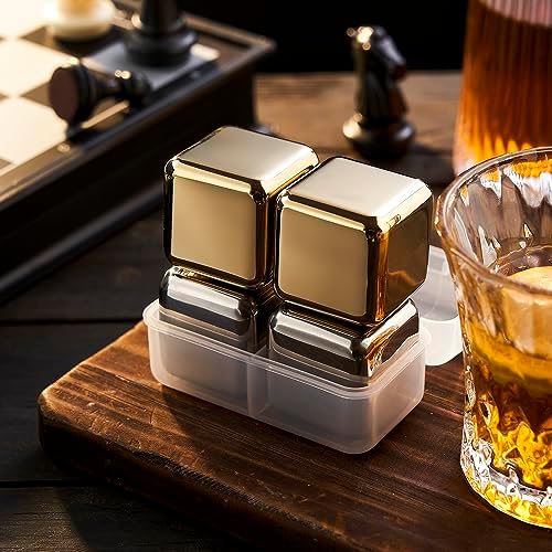 4 Large Whiskey Stones 64 cm³ (4 cu in) - Man Gift Set - Reusable Stainless Steel Metal Ice Sphere Cubes Beverage Chilling Rocks Whiskey Stones for Red Wine, Bar Beer, Scotch, Vodka Drinks - Silver