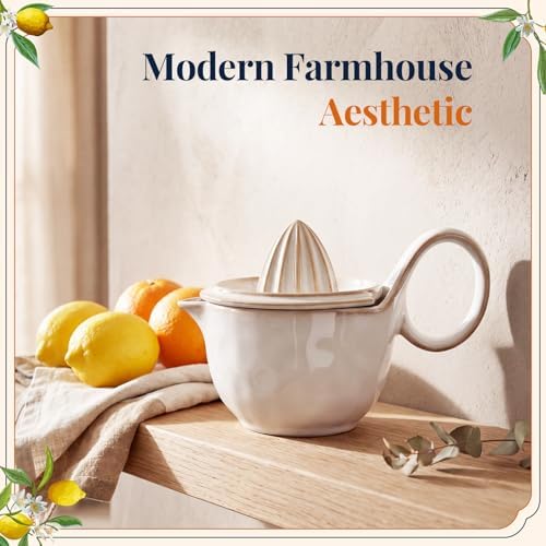 Sawysine Ceramic Lemon Squeezer Manual Citrus Juicer with Strainer Hand Press Lime Orange Reamer with 8.45 oz Cup Strainer Lid Spout Handle for Citrus Fruits Home Kitchen Bar(Stylish,White)