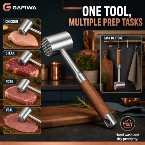 Stainless Steel Meat Tenderizer Tool, Heavy Duty Meat Mallet Hammer with Ergonomic Non-Slip Handle, Dual-Sided Meat Pounder for Steak, Chicken, Pork, Beef, Dishwasher Safe Kitchen Tool. (Wood Handle)