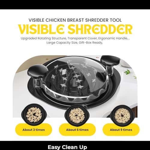 Pro Chicken Shredder Transparent Lid with Ergonomic Handle Visible Chicken Breast Shredder Tool, Dishwasher Safe Cleaning Brush - Meat Shredder Machine