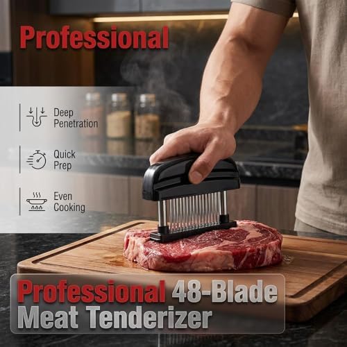 Meat Tenderizer Tool with 48 Stainless Steel Needle Blades, Spring Loaded Meat Tenderizer, Handheld Blade Meat Tenderizer for Steak, Beef, Chicken, Pork, BBQ Grill Kitchen Gadgets (White*2pcs)