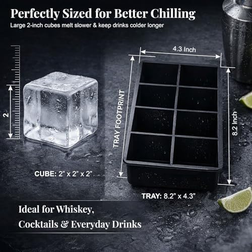 Large Silicone Ice Cube Tray - 3 Pack Trays for 8 Square Cubes with Large Bin, Scoop, Tong & 2 SS Straws - Easy Release Ice Mold for Whiskey, Cocktails, Coffee (Black)