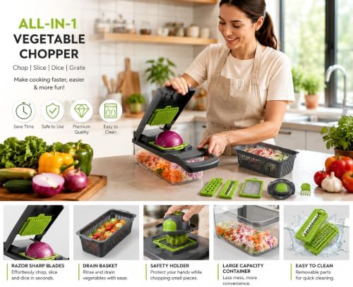 14-in-1 Vegetable Chopper Slicer & Dicer - Manual Food Chopper with Stainless Steel Blades, 1.2L Container for Kitchen, Onion Cutter, Veggie Slicer, Hand Operated, White