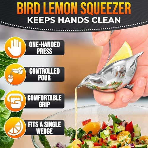 Bird Lemon Squeezer with Pour Spout, Tiny Stainless Steel Slice Press