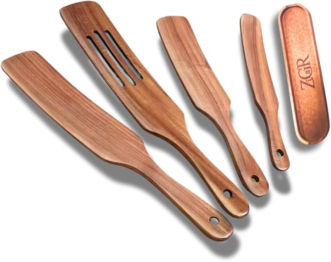 Wooden Spatula - 5Pcs Teak Wood Spurtle Utensils Set – Non Toxic Spatula - Spurdle with Rest - Heat-Resistant – Spurtle for Sourdough Starter - Mixing, Cooking, Serving Spoon- NonStick - A Gift