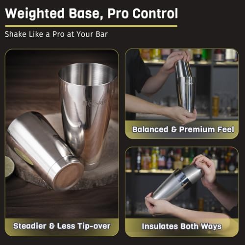 Boston Shaker Set, 4Pcs Professional Cocktail Shaker Set (18oz/28oz), Weighted Stainless Steel Bar Shaker for Bartending, Leakproof & Dishwasher Safe, Ideal for Bar and Professional Bartender