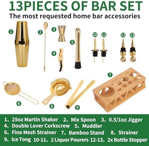 Cocktail Shaker Set, Boston Shaker Bartender Kit with Bamboo Stand,13 Piece Bar Set Stainless Steel Bar Accessories for Drink Mixing, Bar, Home, Party (Gold)