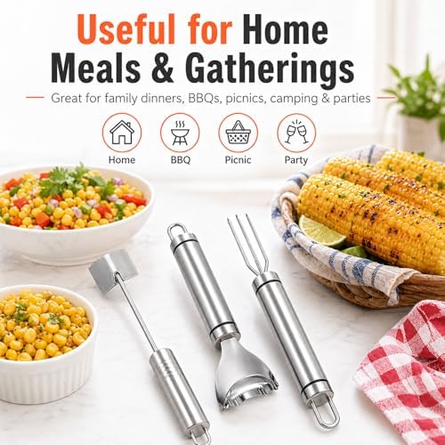 Corn Peeler for Corn on the Cob, 2026 Upgraded 3PCS Corn Peeler, Corn Cob Stripper Tool, Stainless Steel Blade, Ergonomic Long Handle, Easy to Clean, Kitchen Tool for Home Picnic Party