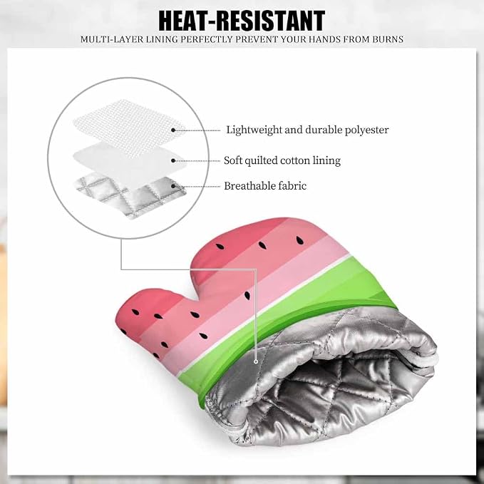 Mxocom Watermelons Oven Mitts and Pot Holders Sets Summer Fruit Watermelon Slice with Black Seeds Red Green Stripes Silicone Heat Resistant Kitchen Oven Gloves Pot Holder for Cooking