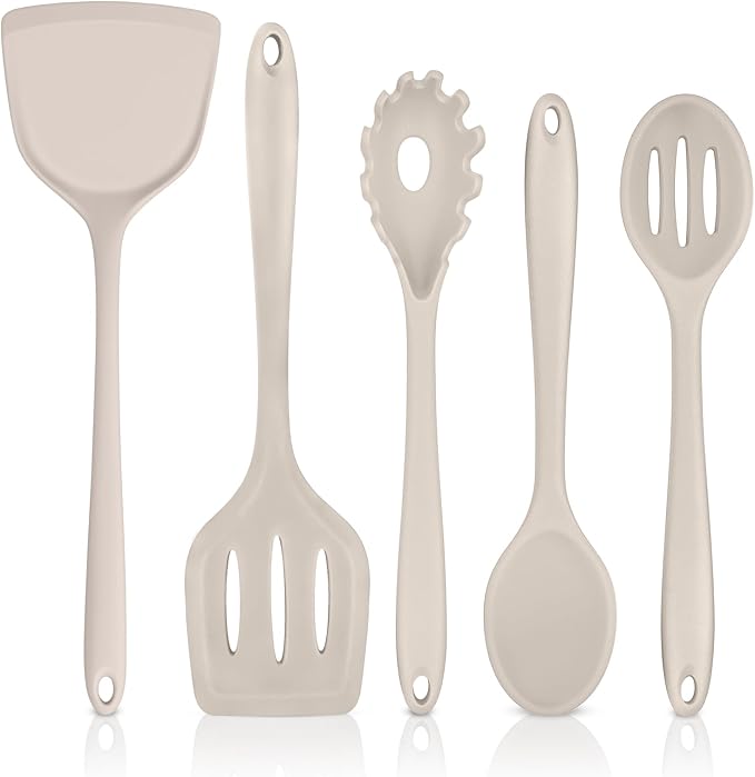 TeamFar Silicone Cooking Utensils Set, 5-Piece Heat Resistant Kitchen Utensils Set, Nonstick Slotted Solid Spoon Turner Pasta Server for Frying, Serving, Mixing, Non-Toxic & Dishwasher Safe, Khaki