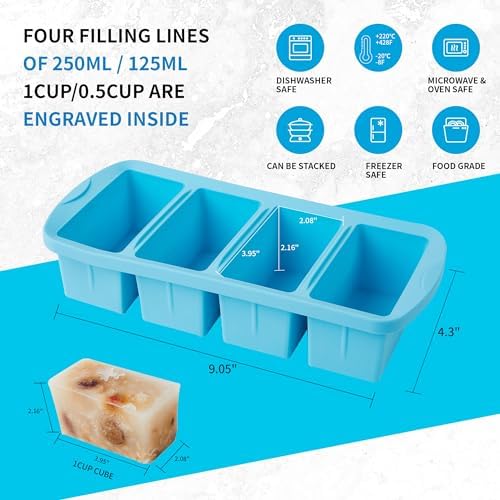 Silicone Freezer Tray with Lid 2 Pack Silicone Freezer Molds - Large Ice Cube Tray - Makes 8 Perfect 1 Cup Portions Soup Cubes Meal Prep Containers- Oven & Dishwasher Safe