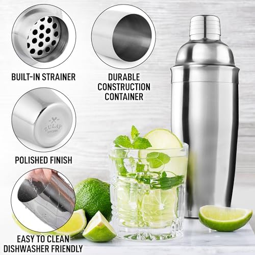 Zulay Cocktail Shaker (24oz) 18/8 Stainless Steel Martini Shaker with Built-in Strainer - Professional Grade Drink Shaker and Strainer for Bartending & Homebars (Silver)