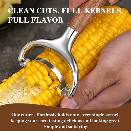 KULUNER Stainless Steel Corn Stripper Tool - Burma Teak Wood Handle, Rust-Resistant Polished Blade, Easy Clean Corn Cob Remover for Salad, Salsa, Party (Burma Teak)