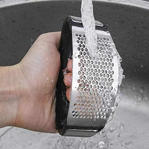 Garlic Press Rocker, Kitchen Stainless Steel Garlic Mincer Crusher, Professional Heavy Soft-Handled Crush Garlic, Garlic Mincer Crusher, Silicone Garlic Peeler, Rust Proof, Black