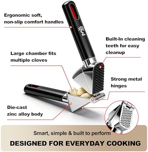 3WAVES Heavy Duty Garlic Press | Built-In Peel Cleaner | Large Chamber fits Multiple Cloves | Easy Squeeze Ergonomic handle | Food-Grade & Independently Tested | Rust Proof Die Cast Zinc Alloy