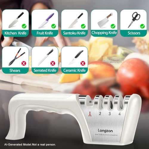 Longzon 5-in-1 Knife Sharpener 4 Stage with Cut-Resistant Glove, Off-white