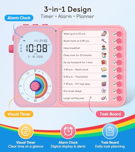 3-in-1 Visual Timer & ADHD Tool for Kids with Chore Chart & Planning Board