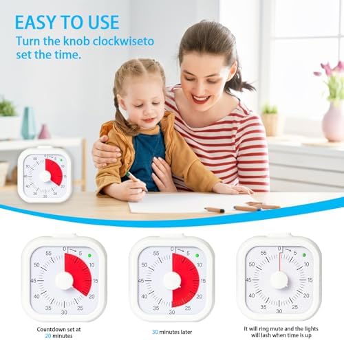 Visual Timer for Kids 60 Minute Countdown Timer Silent Operation for Classroom Study Office Kitchen Kids Timer Teaching (White)