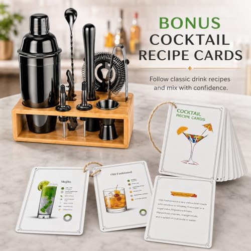 Black Cocktail Shaker Set, Premium 18/8 Stainless Steel Mixology Bartender Kit with Stylish Bamboo Stand 10-Piece Bar Tools & Accessories for Home Bar for Men, Dad, Husband